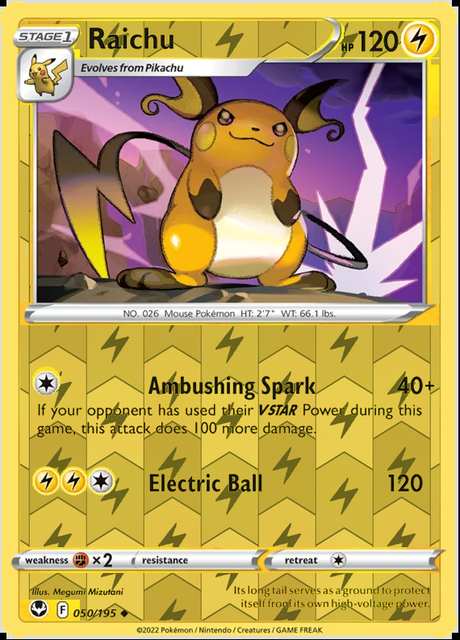 Raichu 050/195, Silver Tempest, Reverse Holo finish, representative matte composite