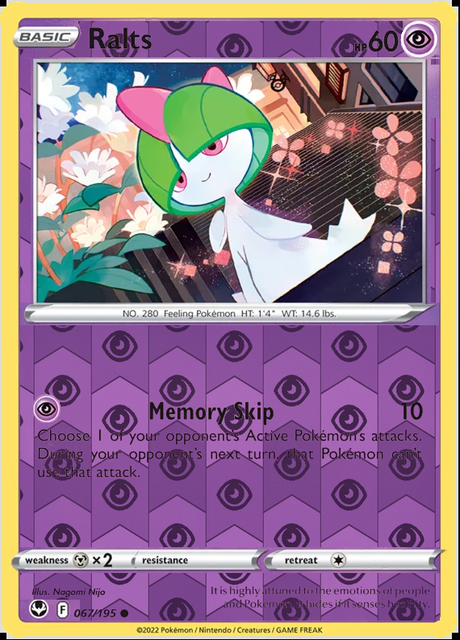 Ralts 067/195, Silver Tempest, Reverse Holo finish, representative matte composite