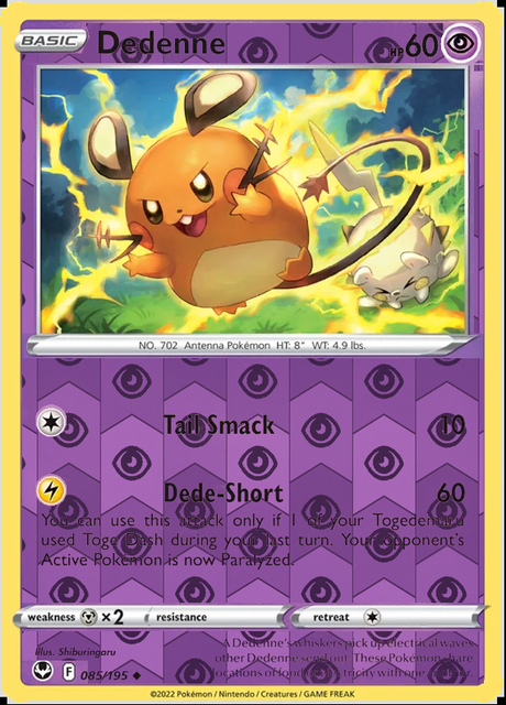 Dedenne 085/195, Silver Tempest, Reverse Holo finish, representative matte composite