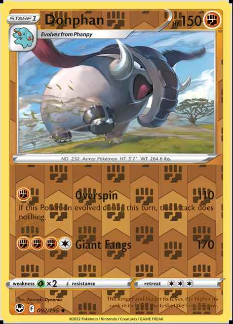 Donphan 092/195, Silver Tempest, Reverse Holo finish, representative matte composite