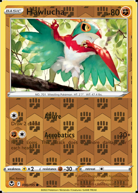 Hawlucha 098/195, Silver Tempest, Reverse Holo finish, representative matte composite