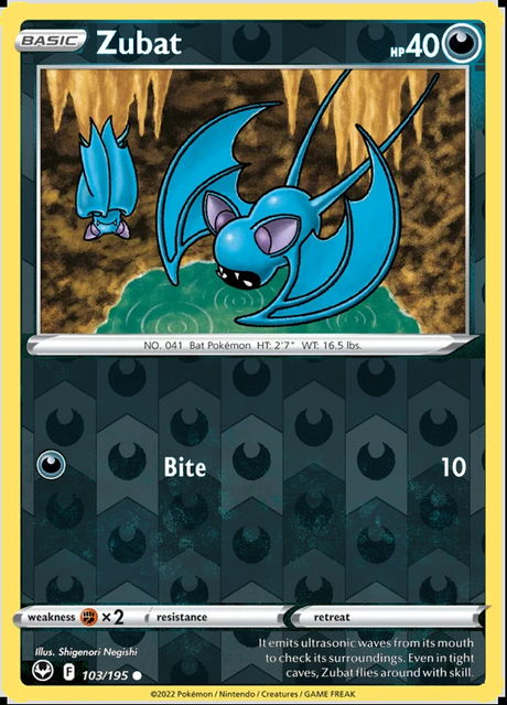 Zubat 103/195, Silver Tempest, Reverse Holo finish, representative matte composite