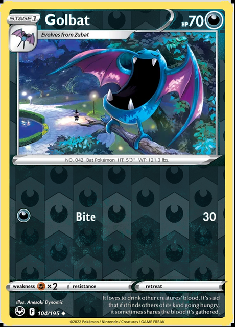 Golbat 104/195, Silver Tempest, Reverse Holo finish, representative matte composite