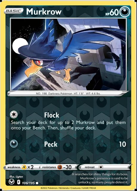 Murkrow 106/195, Silver Tempest, Reverse Holo finish, representative matte composite