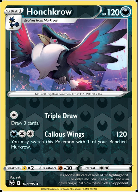 Honchkrow 107/195, Silver Tempest, Reverse Holo finish, representative matte composite