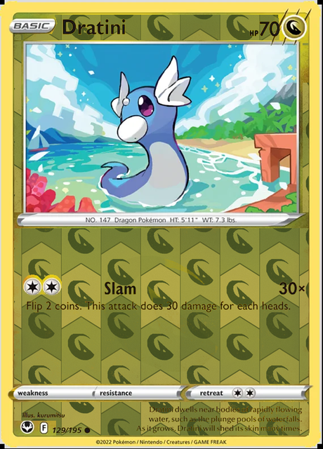 Dratini 129/195, Silver Tempest, Reverse Holo finish, representative matte composite