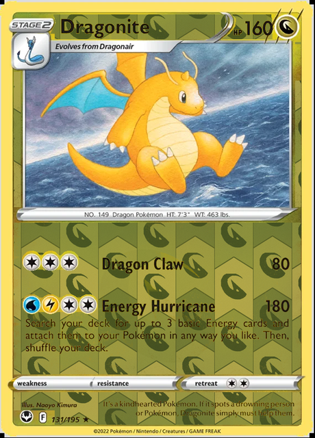 Dragonite 131/195, Silver Tempest, Reverse Holo finish, representative matte composite