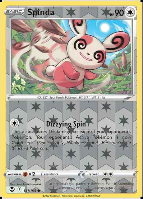 Spinda 141/195, Silver Tempest, Reverse Holo finish, representative matte composite