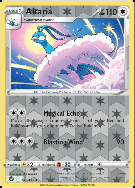 Altaria 143/195, Silver Tempest, Reverse Holo finish, representative matte composite