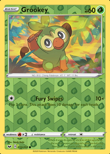 Grookey 010/202, Sword & Shield Base Set, Reverse Holo finish, representative matte composite
