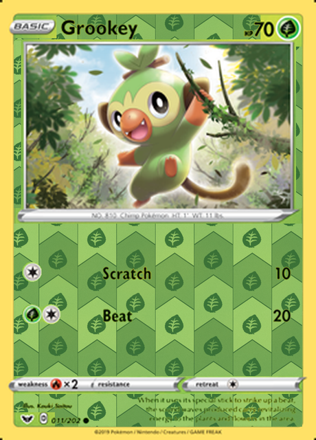 Grookey 011/202, Sword & Shield Base Set, Reverse Holo finish, representative matte composite