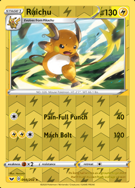 Raichu 066/202, Sword & Shield Base Set, Reverse Holo finish, representative matte composite