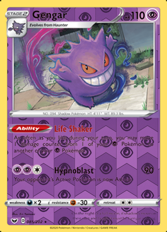 Gengar 085/202, Sword & Shield Base Set, Reverse Holo finish, representative matte composite