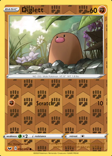 Diglett 092/202, Sword & Shield Base Set, Reverse Holo finish, representative matte composite