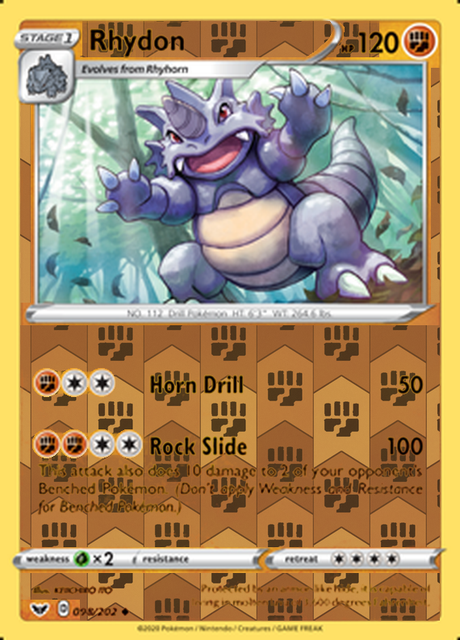 Rhydon 098/202, Sword & Shield Base Set, Reverse Holo finish, representative matte composite