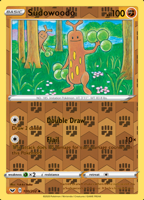 Sudowoodo 100/202, Sword & Shield Base Set, Reverse Holo finish, representative matte composite
