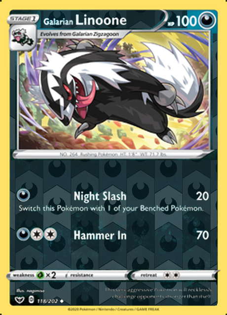 Galarian Linoone 118/202, Sword & Shield Base Set, Reverse Holo finish, representative matte composite