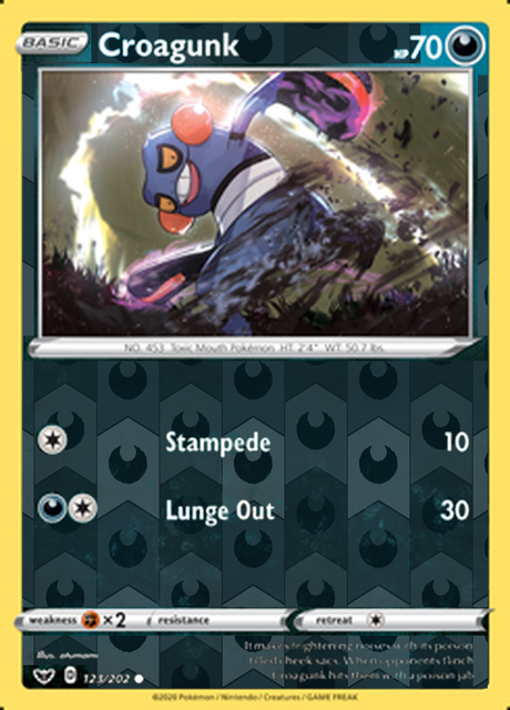 Croagunk 123/202, Sword & Shield Base Set, Reverse Holo finish, representative matte composite