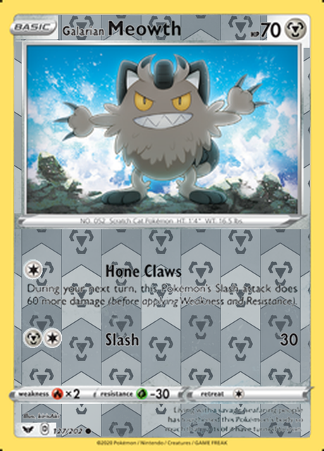 Galarian Meowth 127/202, Sword & Shield Base Set, Reverse Holo finish, representative matte composite