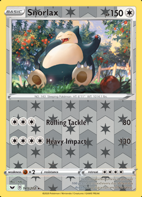 Snorlax 140/202, Sword & Shield Base Set, Reverse Holo finish, representative matte composite
