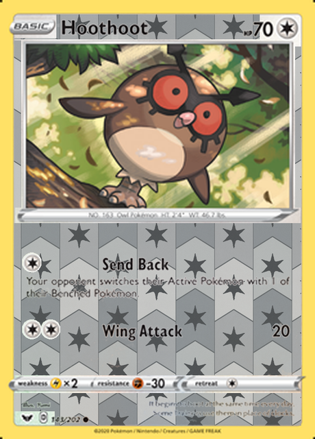Hoothoot 143/202, Sword & Shield Base Set, Reverse Holo finish, representative matte composite