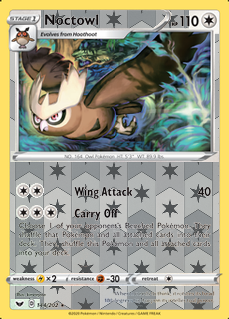 Noctowl 144/202, Sword & Shield Base Set, Reverse Holo finish, representative matte composite