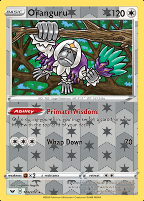 Oranguru 148/202, Sword & Shield Base Set, Reverse Holo finish, representative matte composite