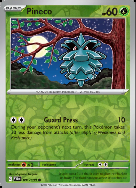 Pineco 001/198, Scarlet & Violet Base, Reverse Holo, representative matte composite