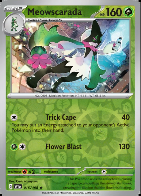 Meowscarada 015/198, Scarlet & Violet Base, Reverse Holo, representative matte composite