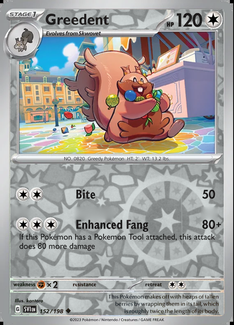 Greedent 152/198, Scarlet & Violet Base, Reverse Holo, representative matte composite