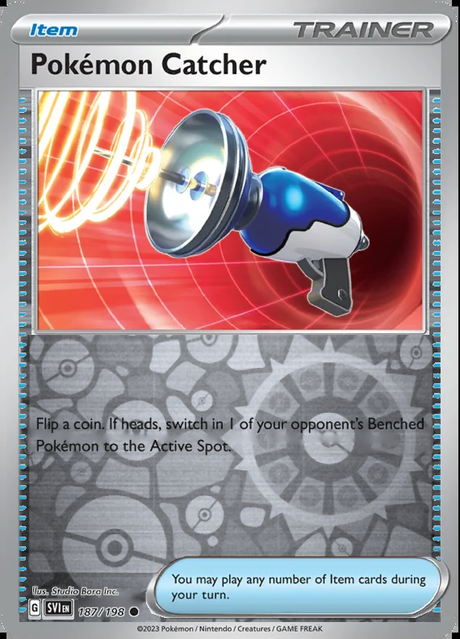 Pokemon Catcher 187/198, Scarlet & Violet Base, Reverse Holo, representative matte composite
