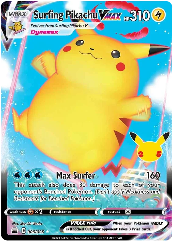 Surfing Pikachu VMAX Celebrations Pokemon Card Single 009/025