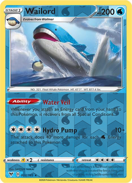 Wailord 032/185, Vivid Voltage, Reverse Holo finish, representative matte composite
