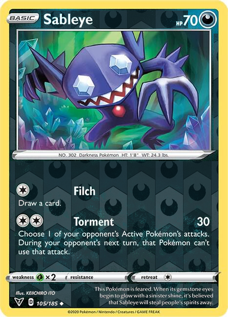 Sableye 105/185, Vivid Voltage, Reverse Holo finish, representative matte composite