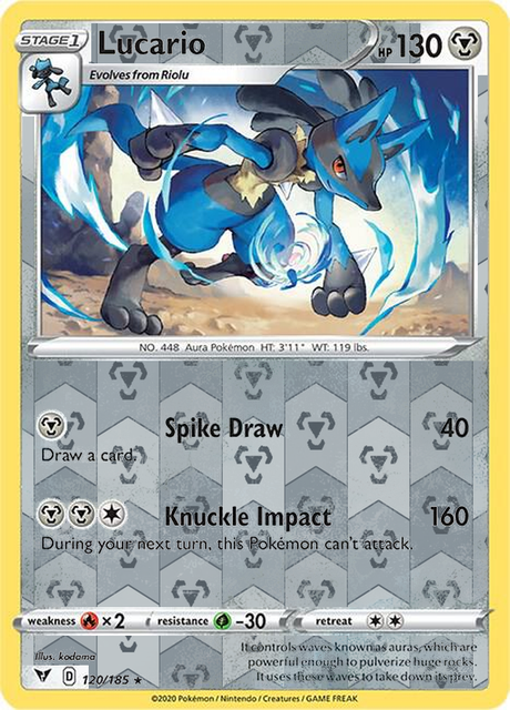 Lucario 120/185, Vivid Voltage, Reverse Holo finish, representative matte composite