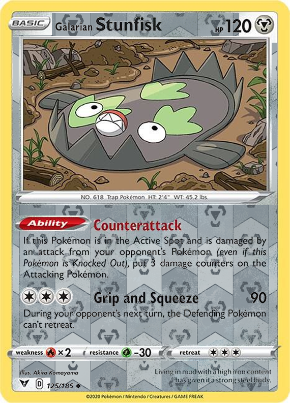 Galarian Stunfisk 125/185, Vivid Voltage, Reverse Holo finish, representative matte composite