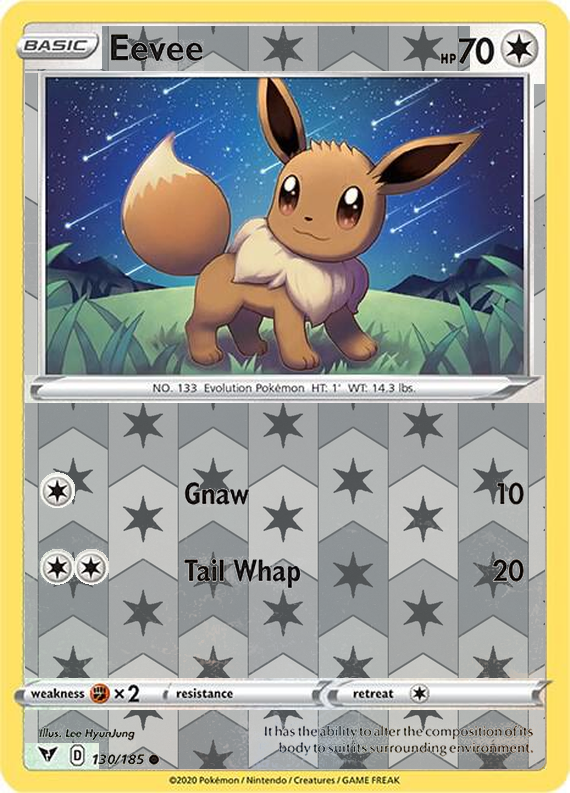 Eevee 130/185, Vivid Voltage, Reverse Holo finish, representative matte composite
