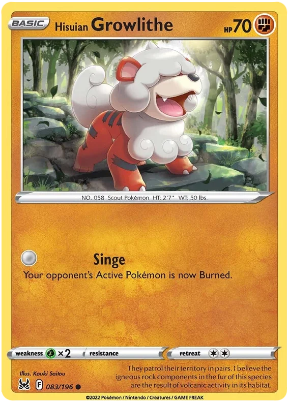 Hisuian Growlithe Lost Origin Pokemon Single Card 083/196