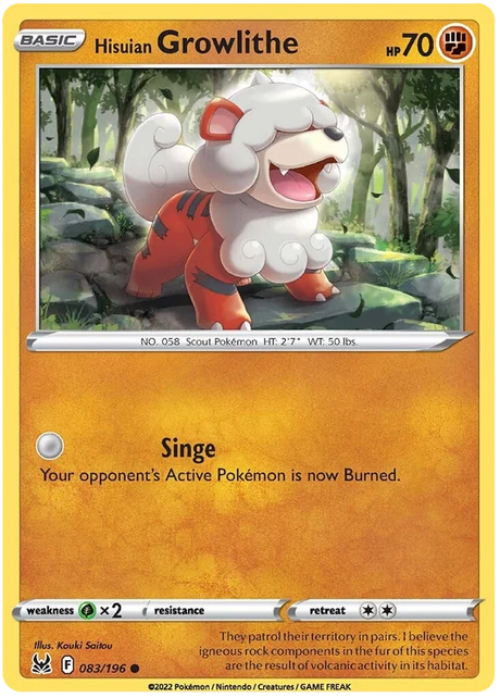 Hisuian Growlithe Lost Origin Pokemon Single Card 083/196