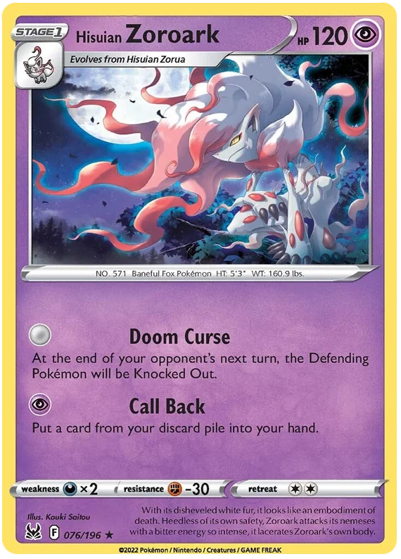 Hisuian Zoroark Lost Origin Pokemon Single Card 076/196