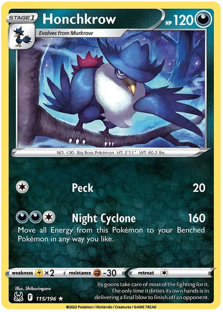 Honchkrow Lost Origin Pokemon Single Card 115/196