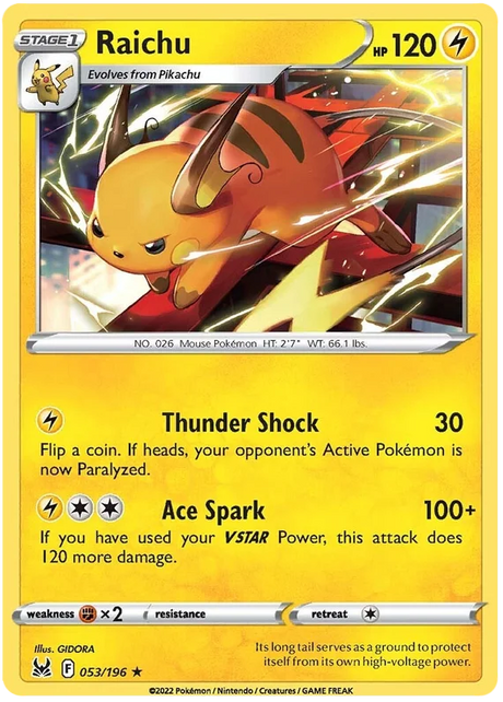 Raichu Lost Origin Pokemon Single Card 053/196
