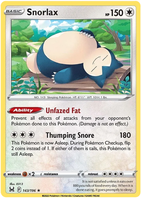 Snorlax Lost Origin Pokemon Single Card 143/196